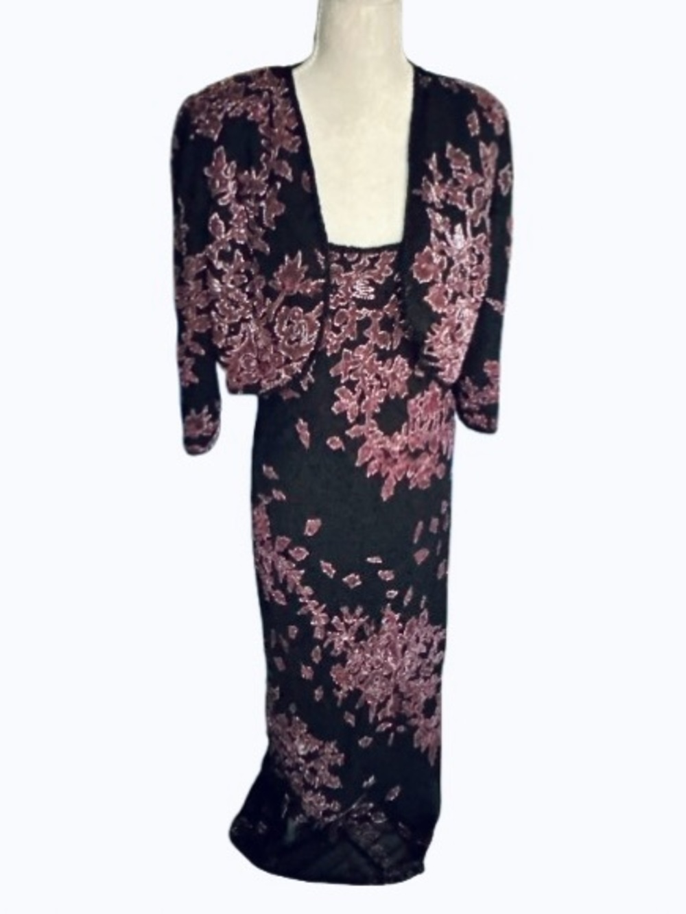 Vintage Bolero Jacket Beaded STENAY Floral Dress Set Maxi Lace Wedding  Medium